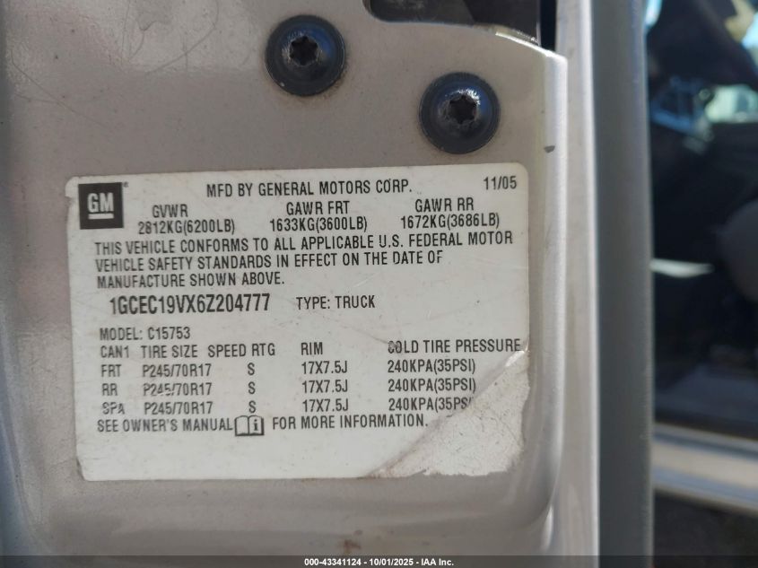 2006 Chevrolet Silverado 1500 Ls VIN: 1GCEC19VX6Z204777 Lot: 43341124