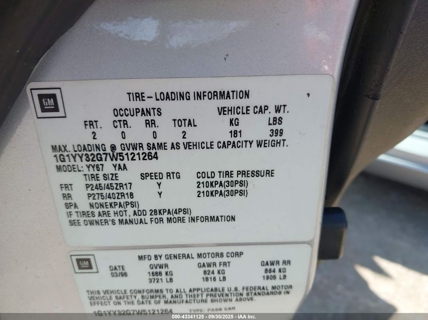 1998 Chevrolet Corvette VIN: 1G1YY32G7W5121264 Lot: 43341125