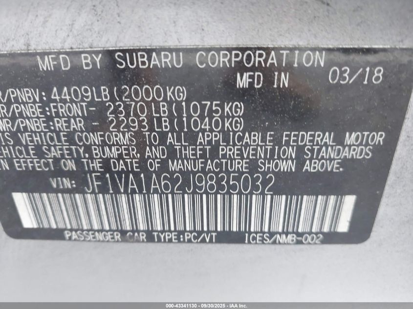 2018 Subaru Wrx VIN: JF1VA1A62J9835032 Lot: 43341130