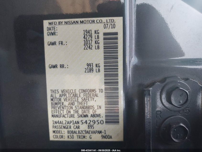2010 Nissan Altima 2.5 S VIN: 1N4AL2AP1AN542950 Lot: 43341141