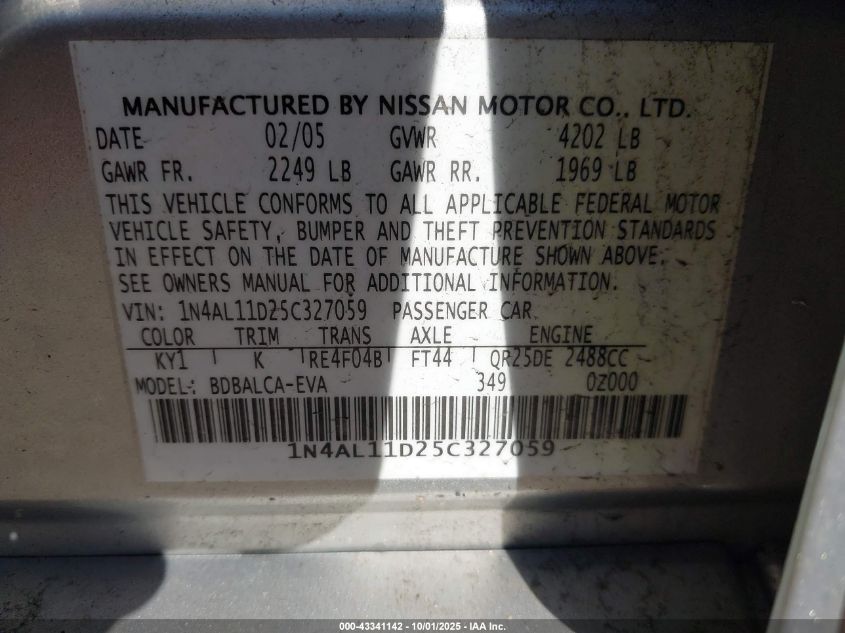 2005 Nissan Altima 2.5 S VIN: 1N4AL11D25C327059 Lot: 43341142