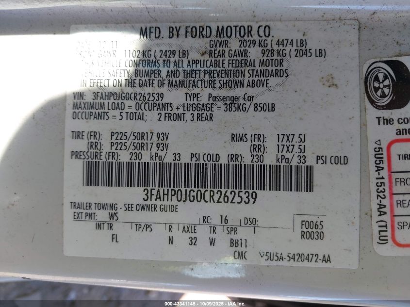 2012 Ford Fusion Sel VIN: 3FAHP0JG0CR262539 Lot: 43341145