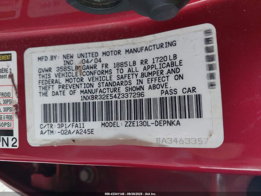 2004 Toyota Corolla Le VIN: 1NXBR32E54Z337296 Lot: 43341148