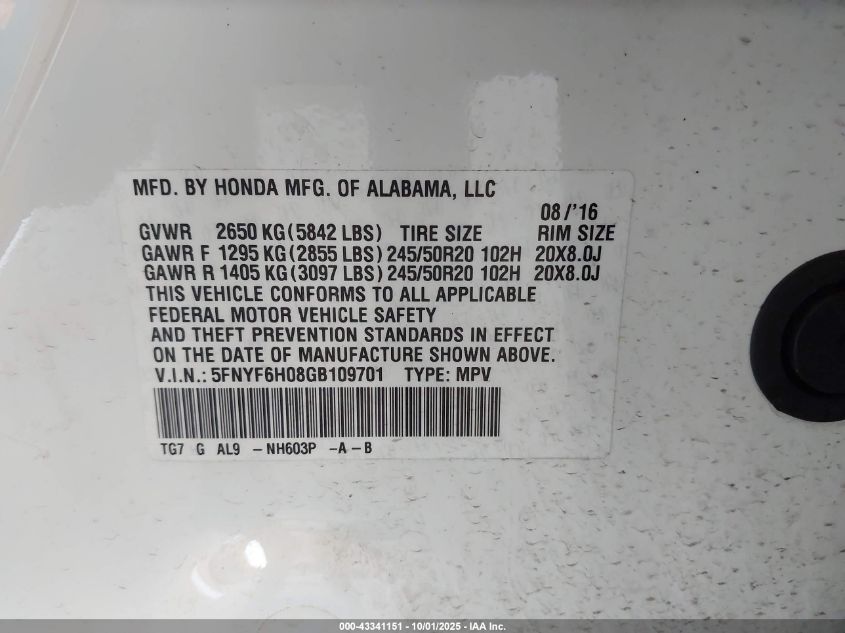 2016 Honda Pilot Elite VIN: 5FNYF6H08GB109701 Lot: 43341151