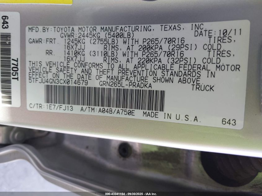 2012 Toyota Tacoma Prerunner V6 VIN: 5TFJU4GN3CX014679 Lot: 43341154