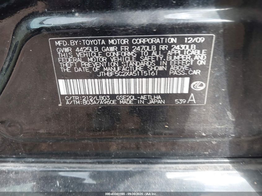 2010 Lexus Is 250 VIN: JTHBF5C2XA5115161 Lot: 43341165