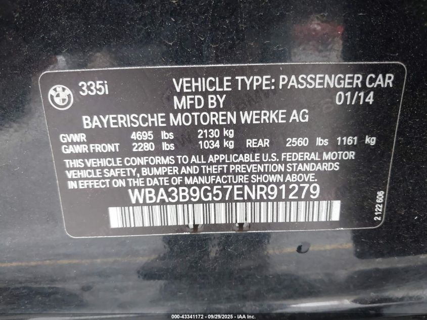 2014 BMW 335I xDrive VIN: WBA3B9G57ENR91279 Lot: 43341172