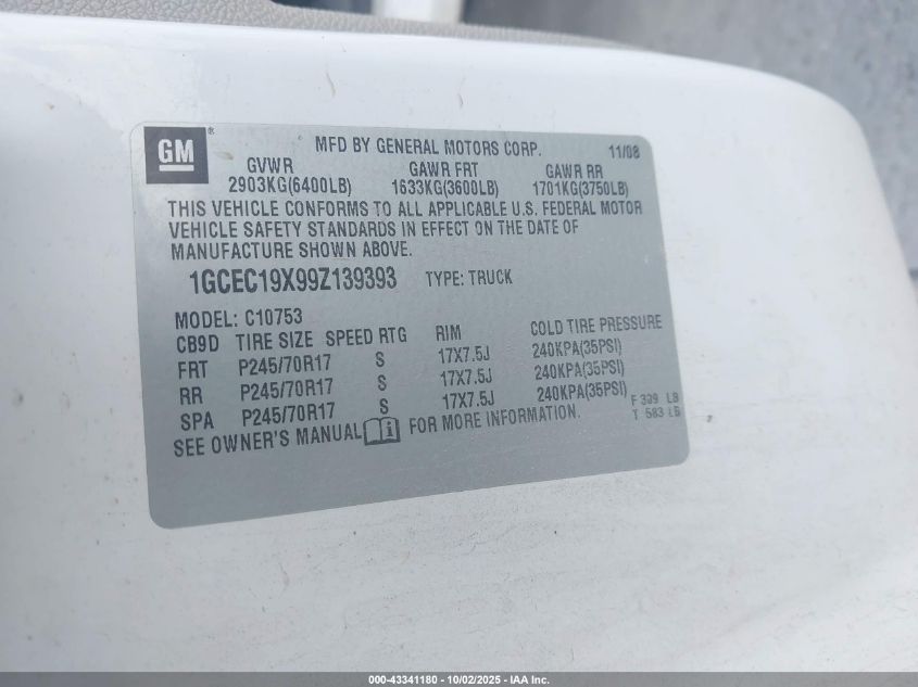 2009 Chevrolet Silverado 1500 Work Truck VIN: 1GCEC19X99Z139393 Lot: 43341180