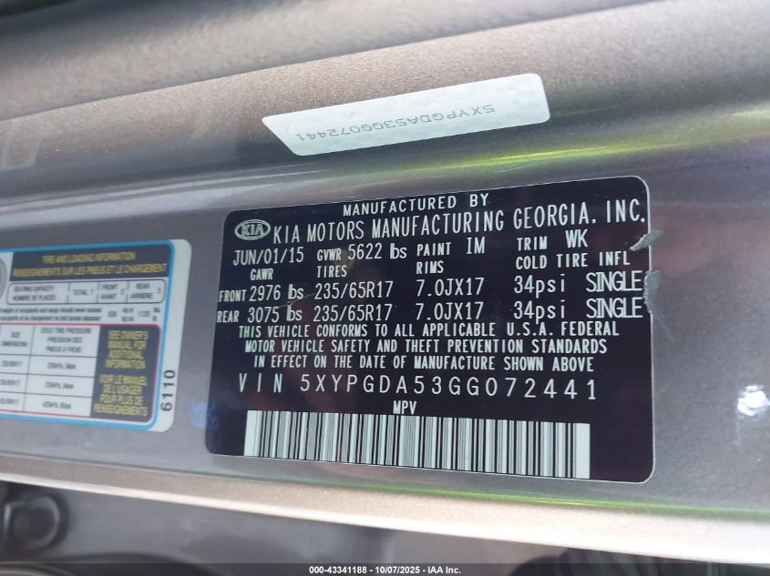 2016 Kia Sorento 3.3L Lx VIN: 5XYPGDA53GG072441 Lot: 43341188