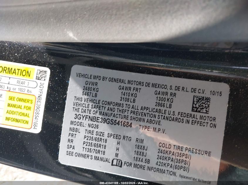 2016 Cadillac Srx Luxury Collection VIN: 3GYFNBE39GS541684 Lot: 43341189