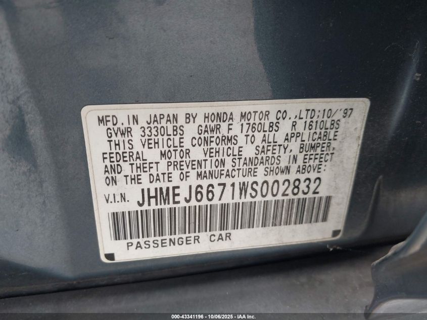 1998 Honda Civic Lx VIN: JHMEJ6671WS002832 Lot: 43341196