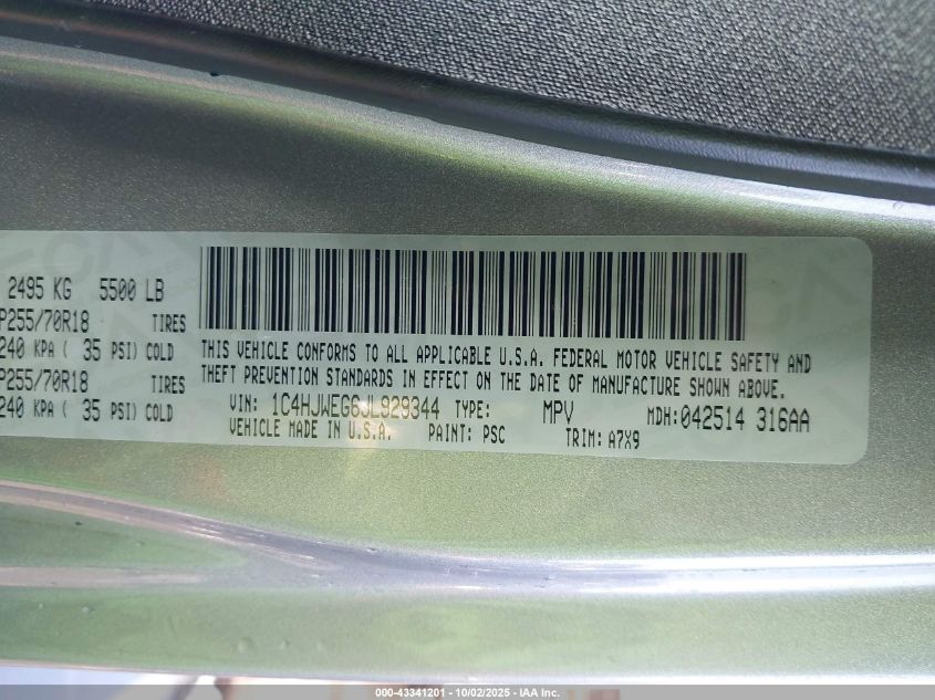 2018 Jeep Wrangler Jk Unlimited Sahara 4X4 VIN: 1C4HJWEG6JL929344 Lot: 43341201