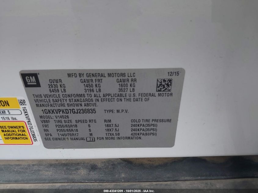 2016 GMC Acadia Sle-2 VIN: 1GKKVPKD7GJ236835 Lot: 43341209