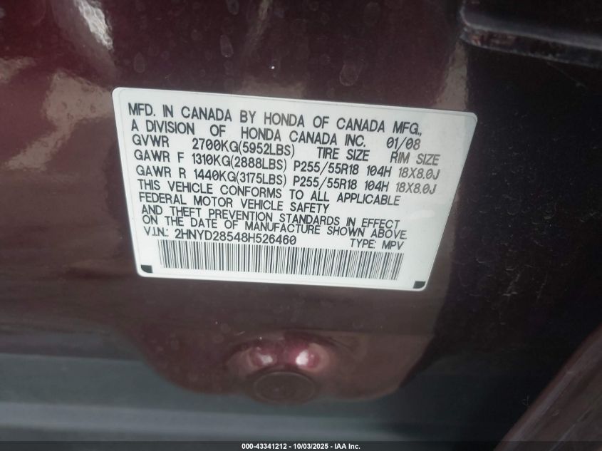 2008 Acura Mdx Sport Package VIN: 2HNYD28548H526460 Lot: 43341212