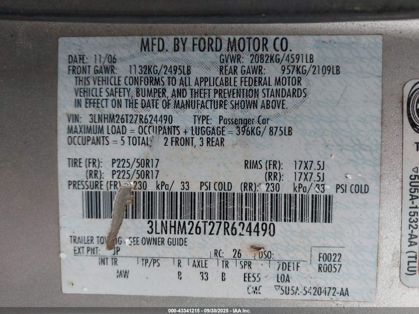 2007 Lincoln Mkz VIN: 3LNHM26T27R624490 Lot: 43341215