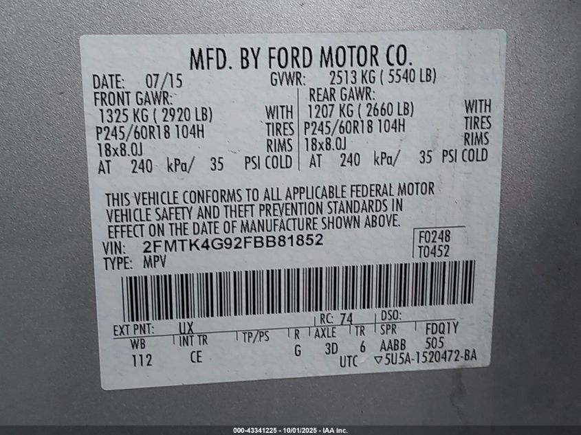 2015 Ford Edge Se VIN: 2FMTK4G92FBB81852 Lot: 43341225