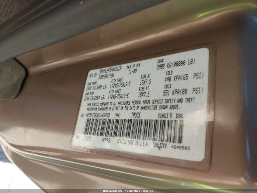 2000 Dodge Ram 2500 St VIN: 1B7KF236XYJ160489 Lot: 43341227