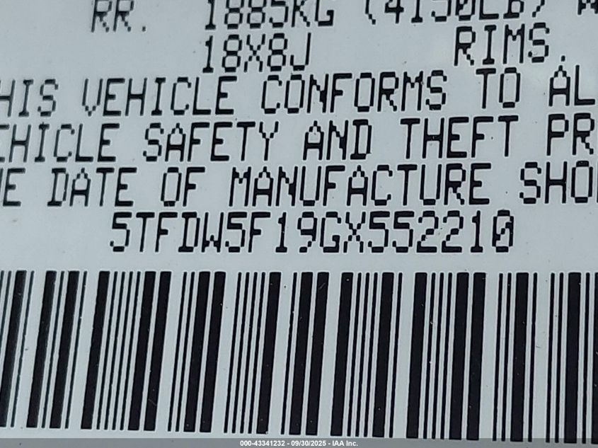 2016 Toyota Tundra Sr5 5.7L V8 VIN: 5TFDW5F19GX552210 Lot: 43341232