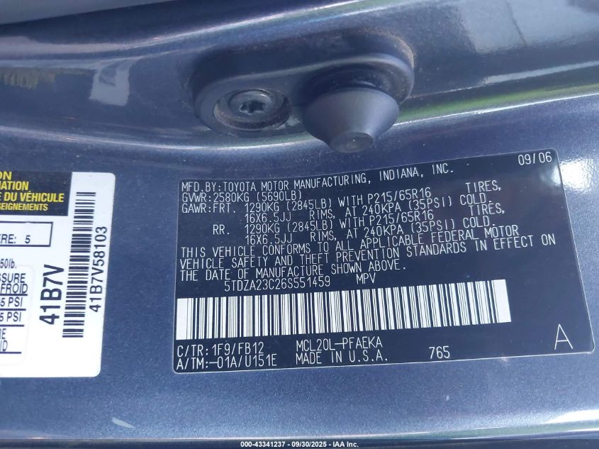 2006 Toyota Sienna Ce VIN: 5TDZA23C26S551459 Lot: 43341237