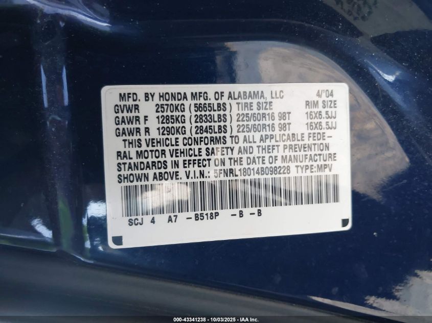 2004 Honda Odyssey Ex-L VIN: 5FNRL18014B098228 Lot: 43341238