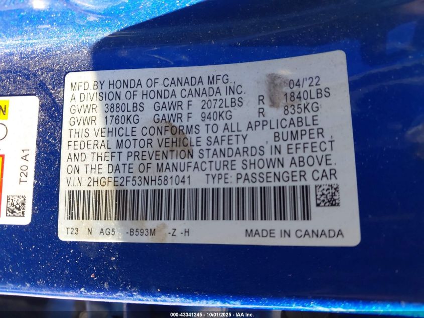 2022 Honda Civic Sport VIN: 2HGFE2F53NH581041 Lot: 43341245
