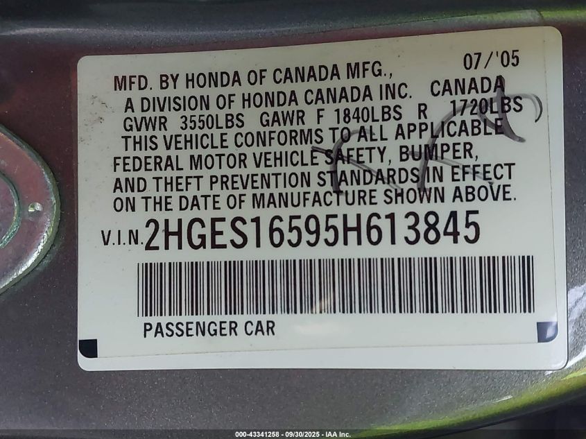 2005 Honda Civic Lx VIN: 2HGES16595H613845 Lot: 43341258