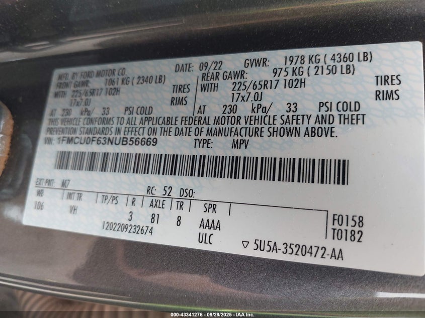 2022 FORD ESCAPE S - 1FMCU0F63NUB56669