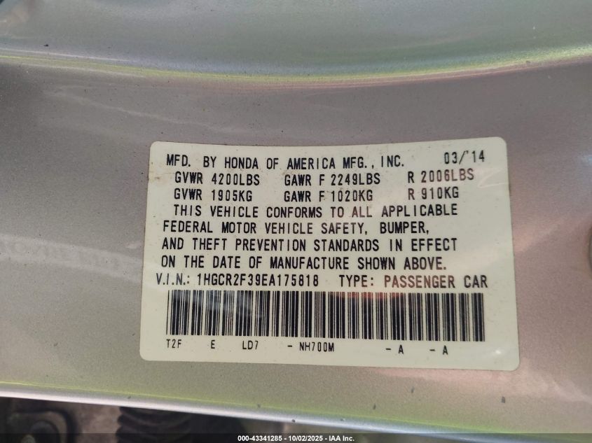 2014 Honda Accord Lx VIN: 1HGCR2F39EA175818 Lot: 43341285