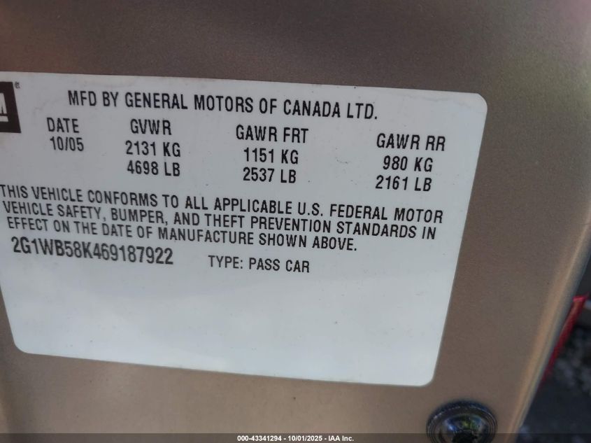 2006 Chevrolet Impala Ls VIN: 2G1WB58K469187922 Lot: 43341294