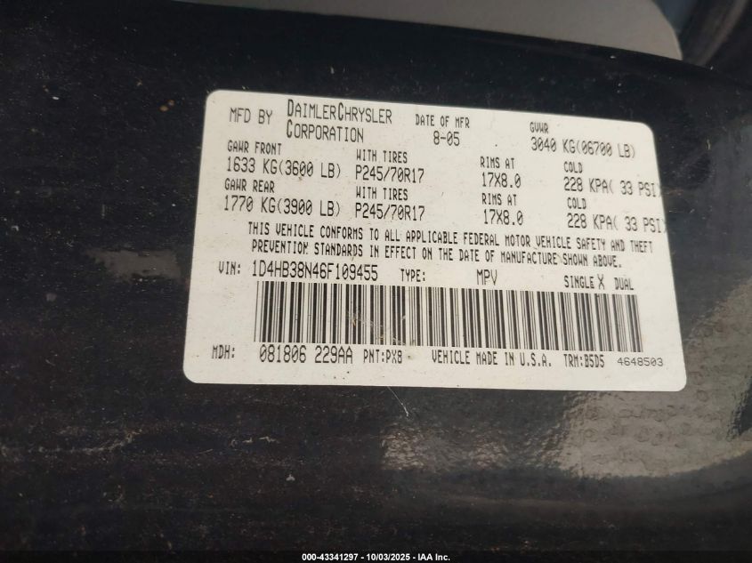 2006 Dodge Durango Sxt VIN: 1D4HB38N46F109455 Lot: 43341297