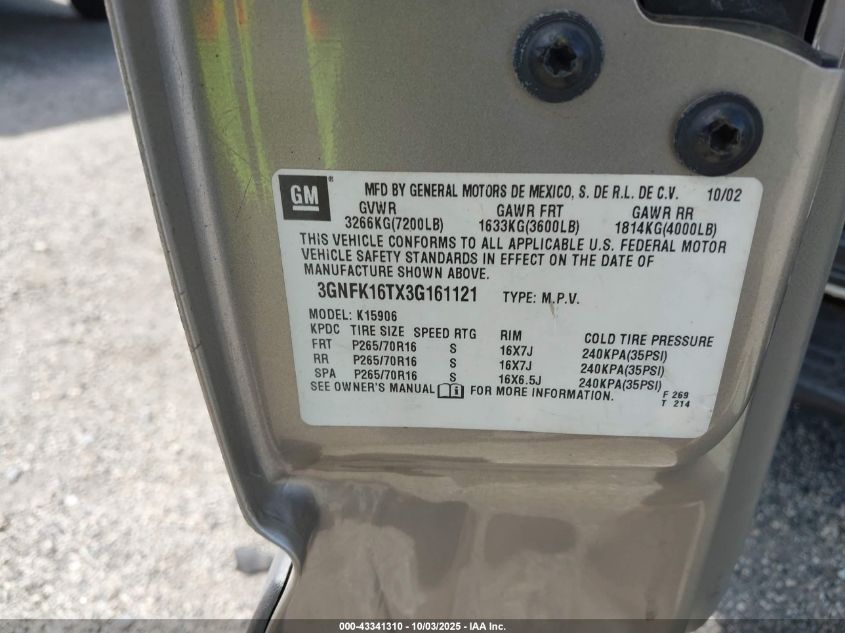 2003 Chevrolet Suburban 1500 Ls VIN: 3GNFK16TX3G161121 Lot: 43341310