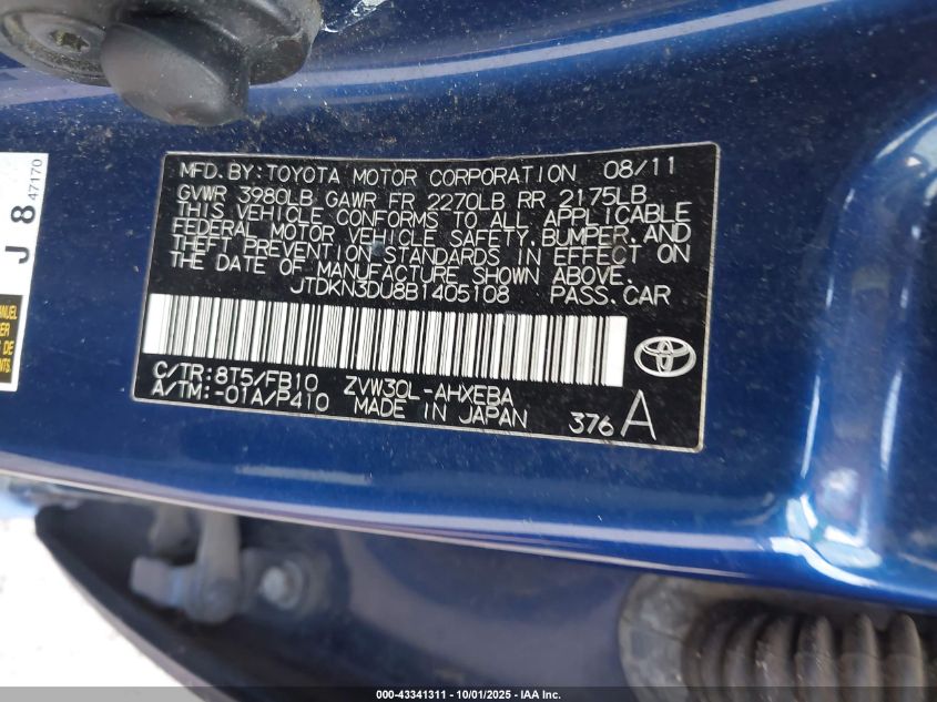 2011 Toyota Prius Two VIN: JTDKN3DU8B1405108 Lot: 43341311