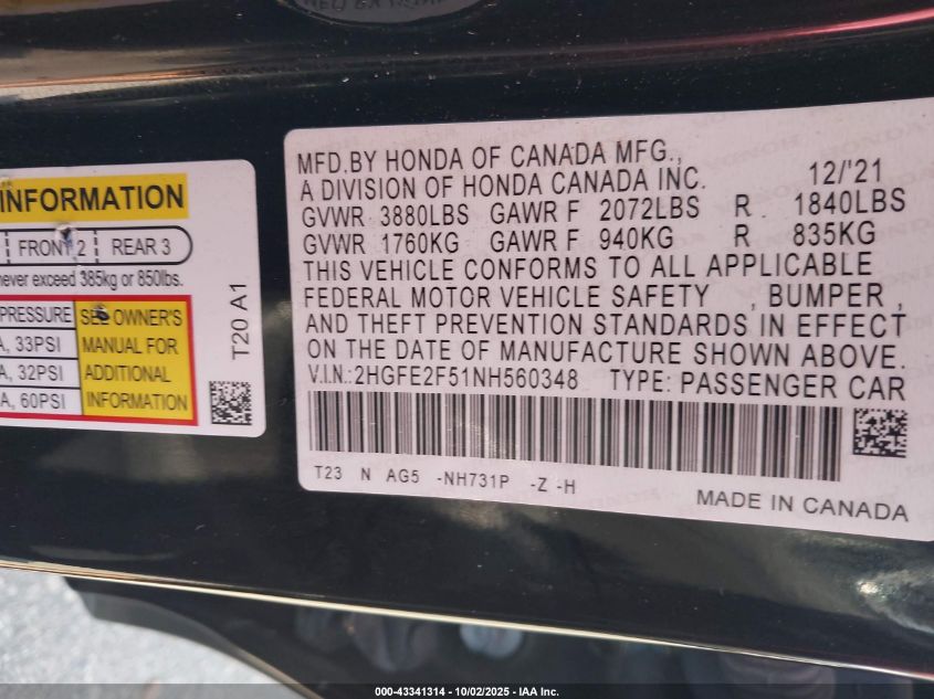 2022 Honda Civic Sport VIN: 2HGFE2F51NH560348 Lot: 43341314