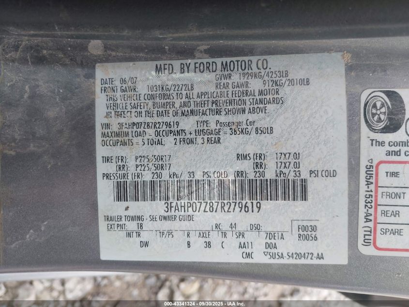 2007 Ford Fusion Se VIN: 3FAHP07Z87R279619 Lot: 43341324