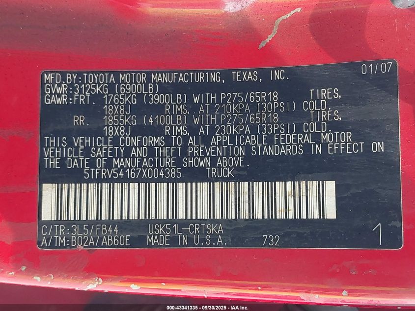 2007 Toyota Tundra Sr5 V8 VIN: 5TFRV54167X004385 Lot: 43341335