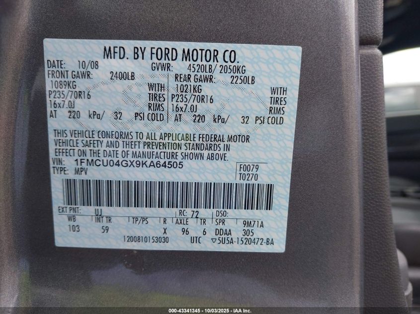 2009 Ford Escape Limited VIN: 1FMCU04GX9KA64505 Lot: 43341345