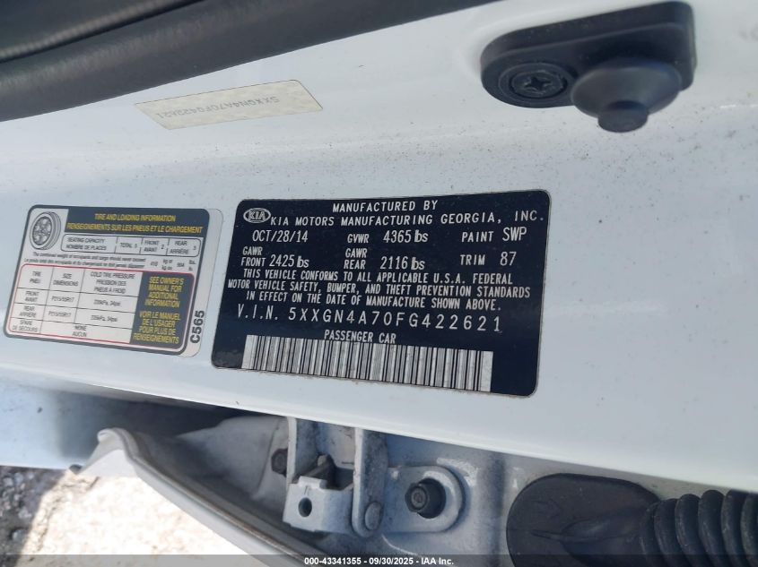 2015 Kia Optima Ex VIN: 5XXGN4A70FG422621 Lot: 43341355