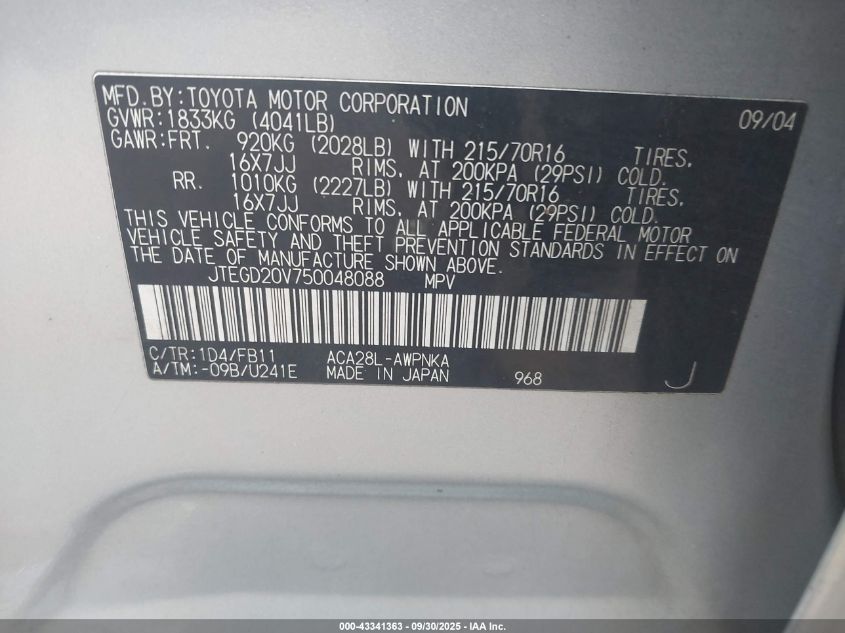 2005 Toyota Rav4 VIN: JTEGD20V750048088 Lot: 43341363