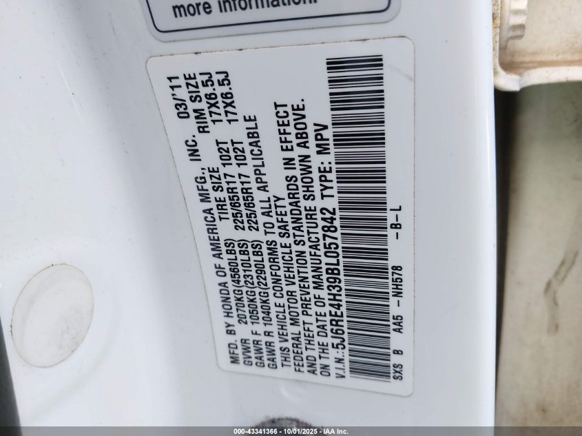 2011 Honda Cr-V Lx VIN: 5J6RE4H39BL057842 Lot: 43341366