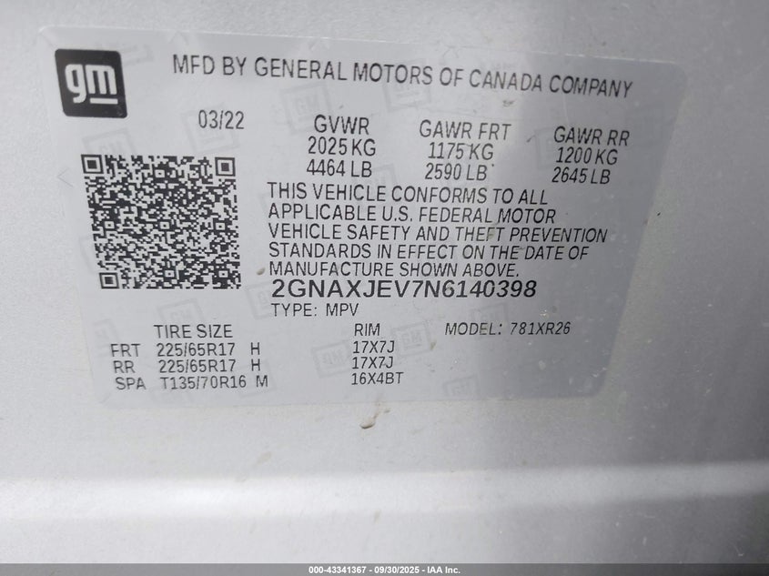 2022 Chevrolet Equinox Fwd 2Fl VIN: 2GNAXJEV7N6140398 Lot: 43341367