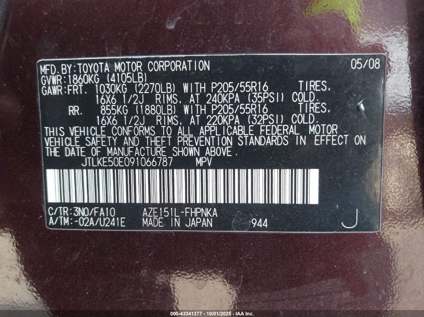 2009 Scion Xb VIN: JTLKE50E091066787 Lot: 43341377