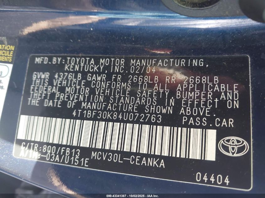 2004 Toyota Camry Le V6 VIN: 4T1BF30K84U072763 Lot: 43341387