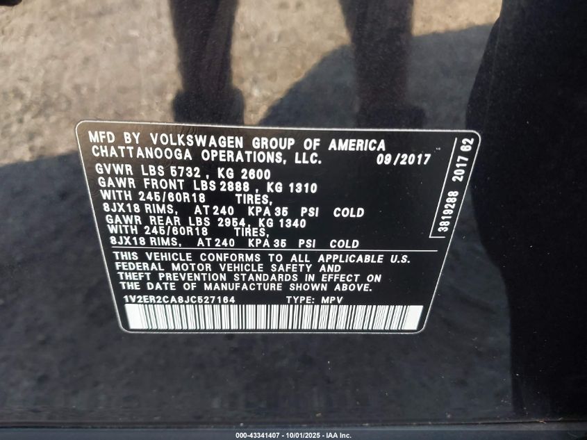 2018 Volkswagen Atlas 3.6L V6 Sel VIN: 1V2ER2CA8JC527164 Lot: 43341407