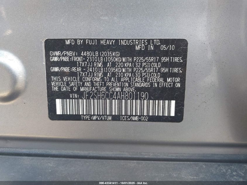 2010 Subaru Forester 2.5X Premium VIN: JF2SH6CC4AH801190 Lot: 43341411