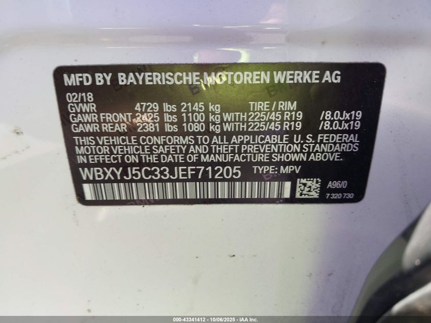 2018 BMW X2 xDrive28I VIN: WBXYJ5C33JEF71205 Lot: 43341412