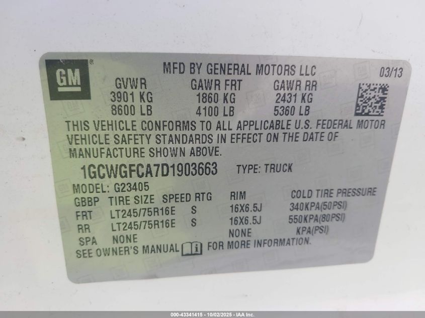 2013 Chevrolet Express 2500 Work Van VIN: 1GCWGFCA7D1903663 Lot: 43341415