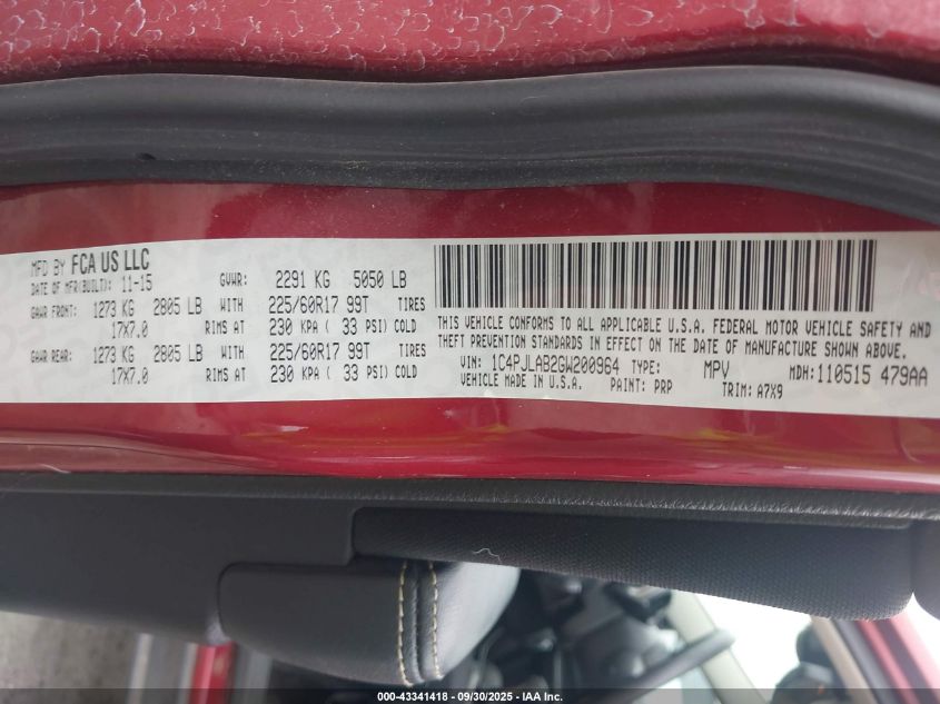 2016 Jeep Cherokee Sport VIN: 1C4PJLAB2GW200964 Lot: 43341418