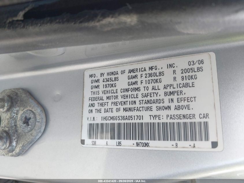 2006 Honda Accord Sdn Ex-L V6 VIN: 1HGCM66536A051701 Lot: 43341420