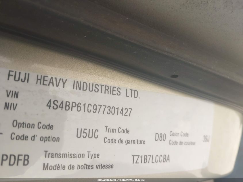 2007 Subaru Outback 2.5I VIN: 4S4BP61C977301427 Lot: 43341433