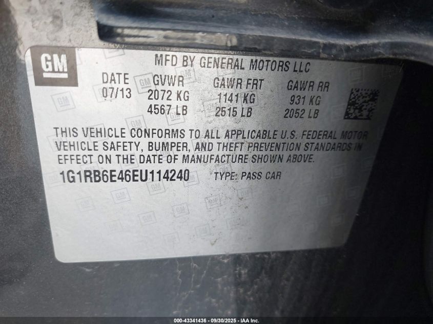 2014 Chevrolet Volt VIN: 1G1RB6E46EU114240 Lot: 43341436